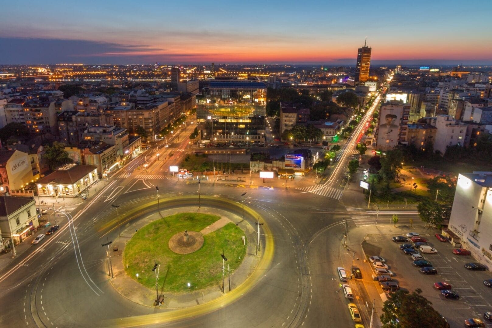 Belgrade city skyline at sunset